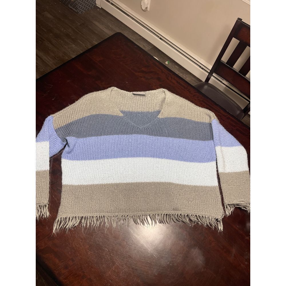 Striped Knit Poncho Sweater Fringe Trim Cozy Layering Piece T-17